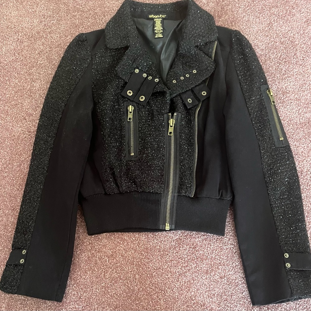 Black Bomber Jacket with Asymmetrical Zipper and Studded Accents